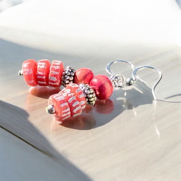 Handcrafted Red striped sand cast glass & wood Earrings - Picture 2 of 16
